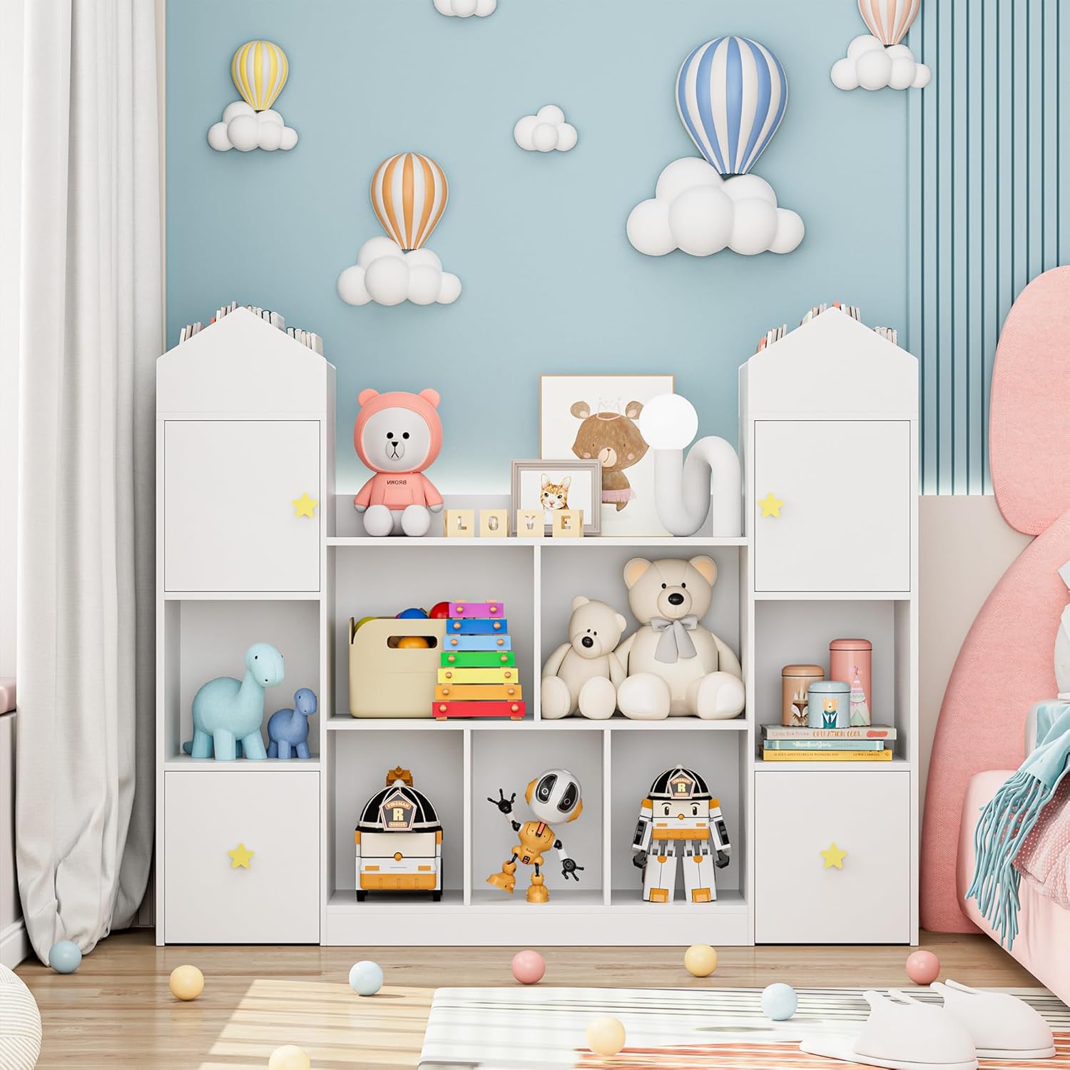 54.5' Toy Storage Organizer, Toy Organizers and Storage Toy Chest with 9 Storage Cubbies and 2 Moveable Drawers, Kids Bookshelf Kids Bookcase with Hidden Wheels for Playroom Bedroom