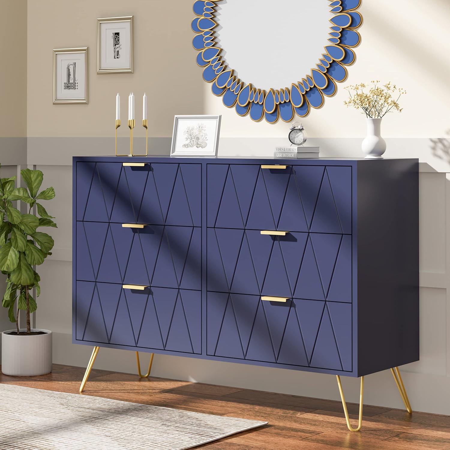 Anbuy Navy Blue 6 Drawer Dresser for Bedroom, Large Double Dresser with Wide Drawers and Gold Handles, Chest of Drawers