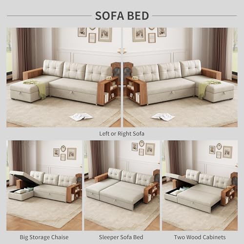 L Shaped Pull Out Couch Bed with Storage Chaise,Convertible Sectional Sleeper Sofa with 2 Wooden Armrests and 3 Removable Back Cushions for Living Room,Office, 84", Beige 1