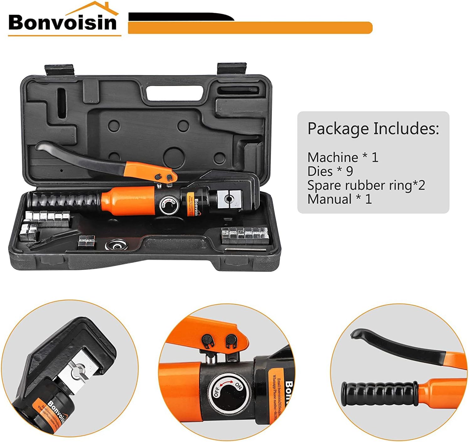 Bonvoisin Hydraulic Wire Crimper Battery Cable Crimper awg 12-2/0 awg Lug Crimping Tool with 9 Dies for Copper Aluminum Lugs Terminals Pack of 2