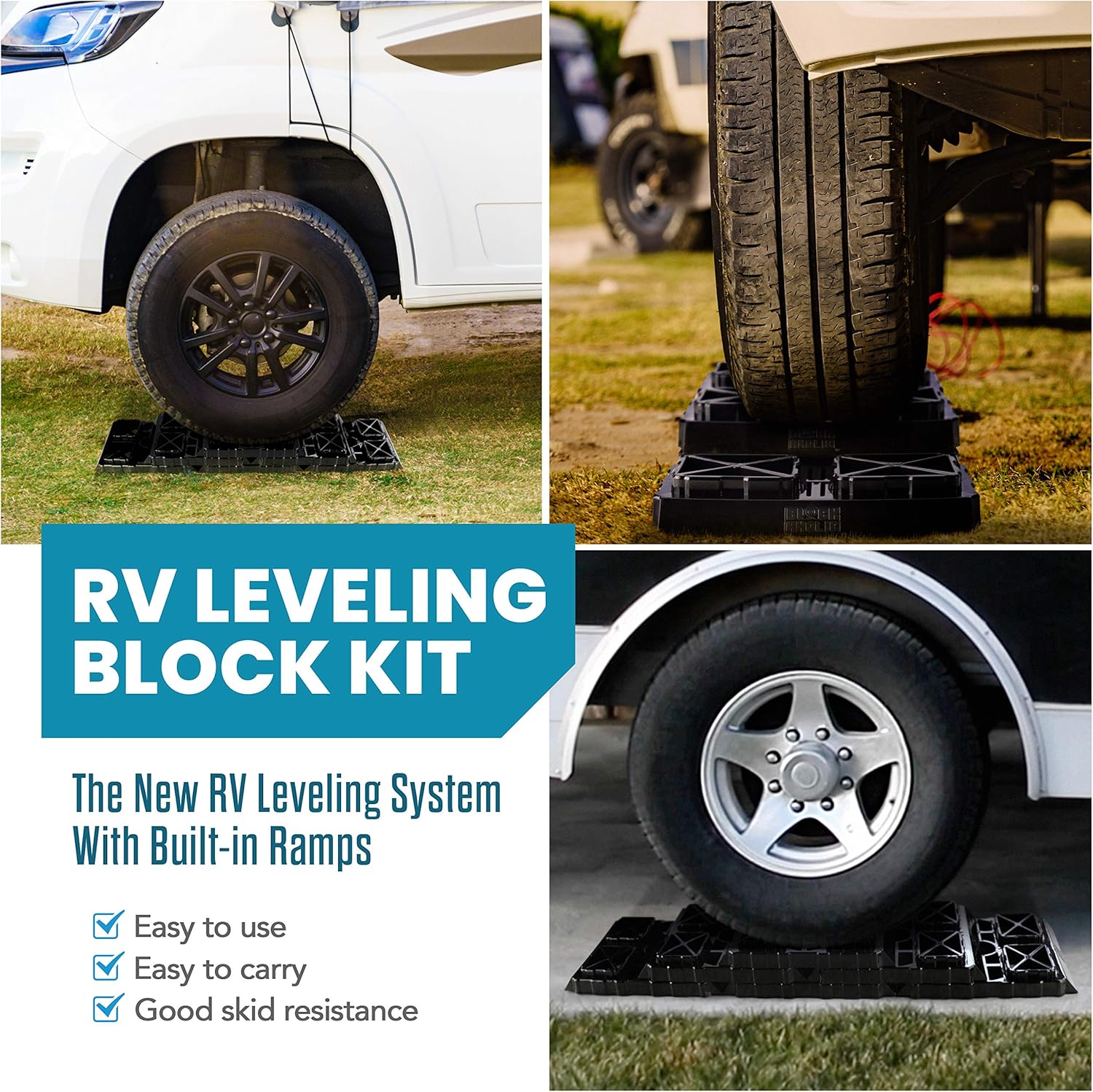 Blockaholic - RV Leveling Blocks - Pads with Built-in Ramps and Quick Release Carrying Strap - Heavy Duty and Extra Large Pack of 2