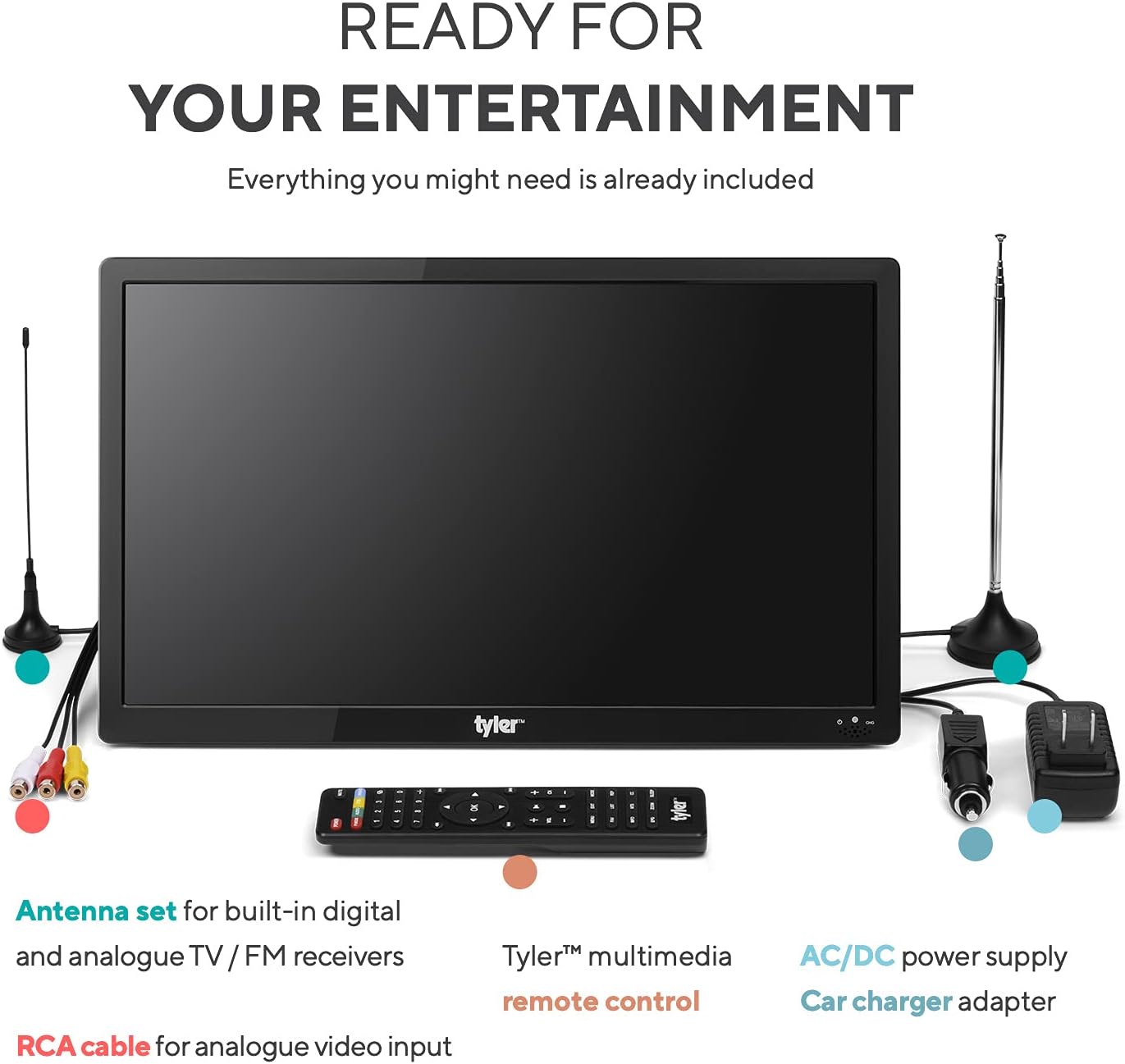 Tyler 16 Portable TV LCD Monitor Battery Powered Wireless Capability HD-TV, HDMI, USB, RCA, SD Card, AC/DC, FM Radio, Car Charger, Remote Control, Built in Stand Small Mini for Car Kids & Traveling