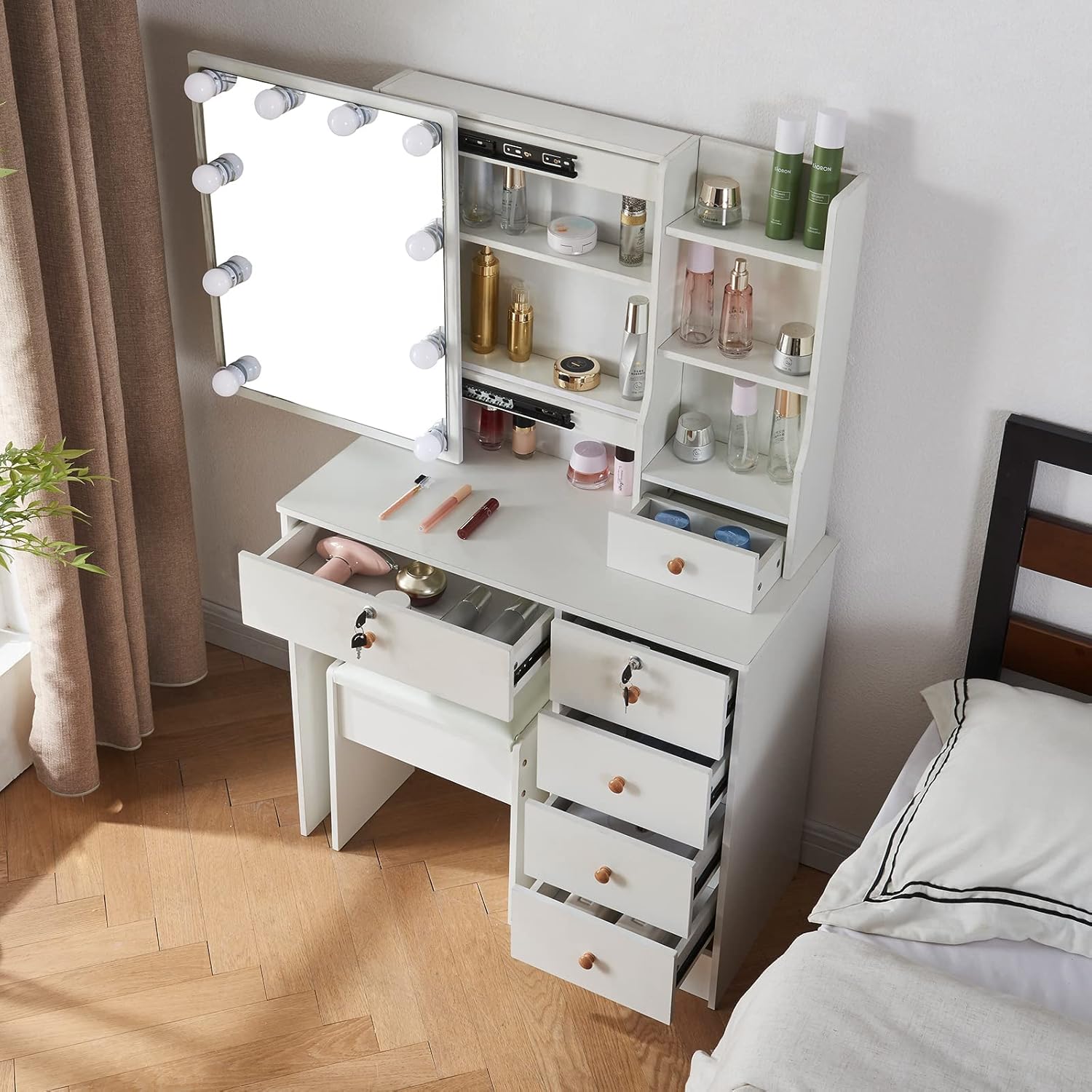 Girls Makeup Vanity with Sliding Mirror and Lights for Home, Hollywood Style Vanity Desk with Lockable Drawers and Cabinets, Dressing Cosmetic Table with Soft Chair for Girls