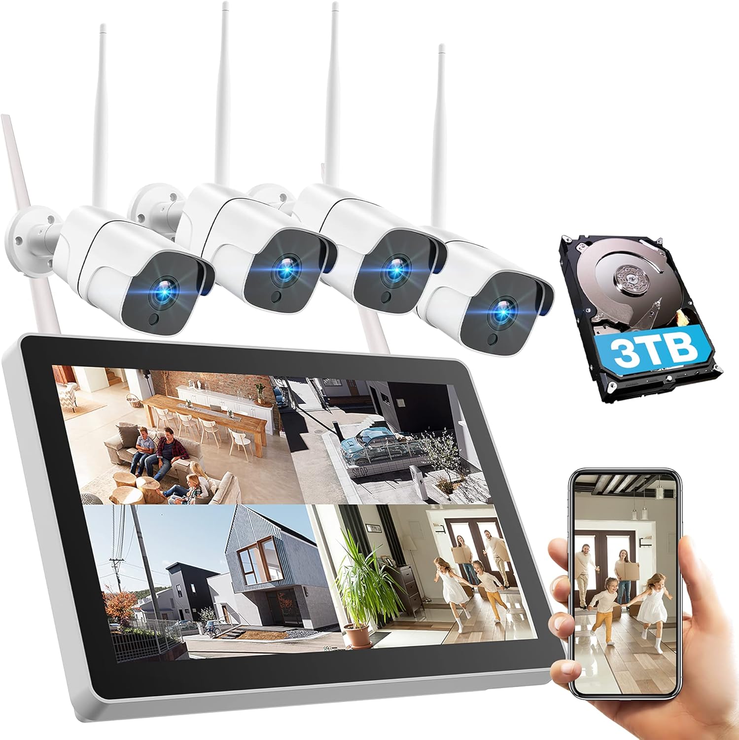 All in One 1080P Wireless Security Camera System with 1TB Hard Drive & 12 Monitor, 8CH NVR Video Security System 4pcs 2.0MP Outdoor Home Security Surveillance IP Cameras Night Vision Motion Detection