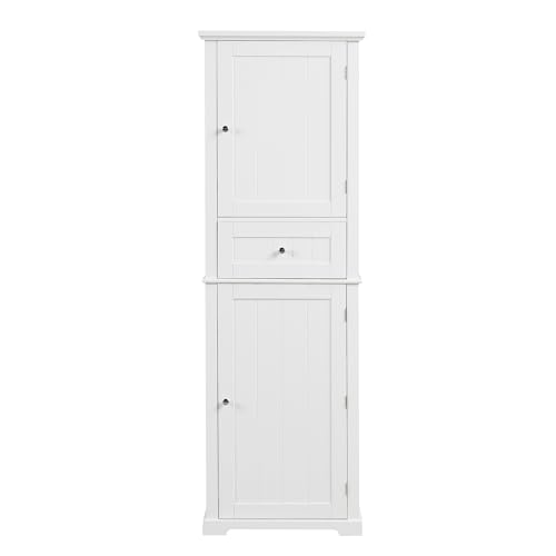 Tall Bathroom Storage Cabinet, Freestanding Storage Cabinet with 2 Doors, 5 Shelves, and 1 Drawer, Narrow Bathroom Cabinet with Adjustable Shelf, Linen Cabinet for Living Room and Bedroom (White)