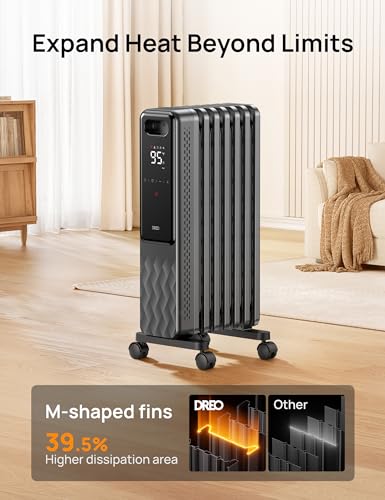 Dreo 1500W Radiator Heater, Portable Space Oil Filled with Remote Control, 4 Modes & 1500W Oil Filled Radiator, Electric Radiant Heaters for indoor use Large Room with Remote