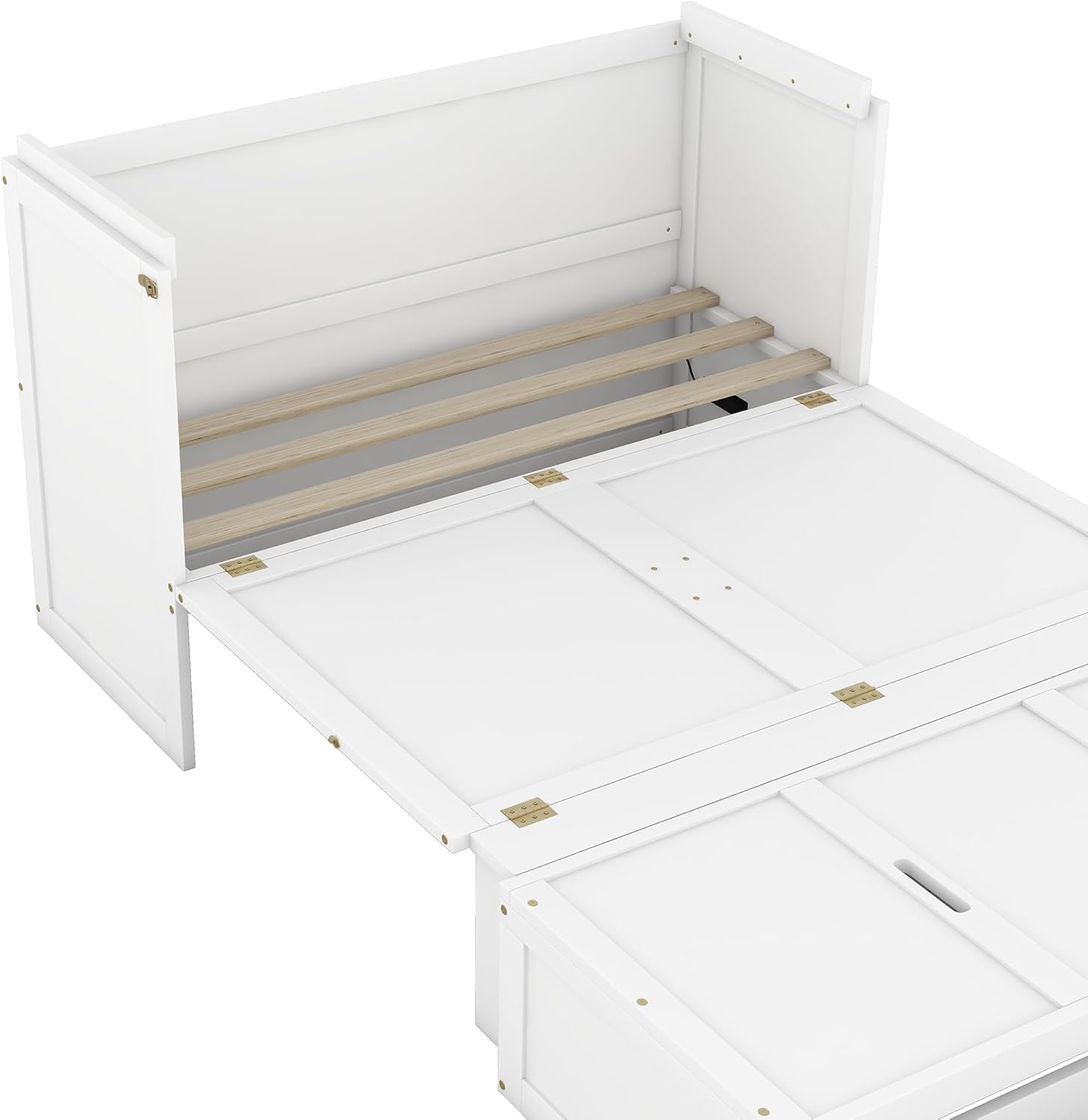 Full Size Murphy Bed Cabinet with Storage Drawer and USB Port, Wood Foldable Bedframe WallBed for Bedroom Apartment Small Spaces, White