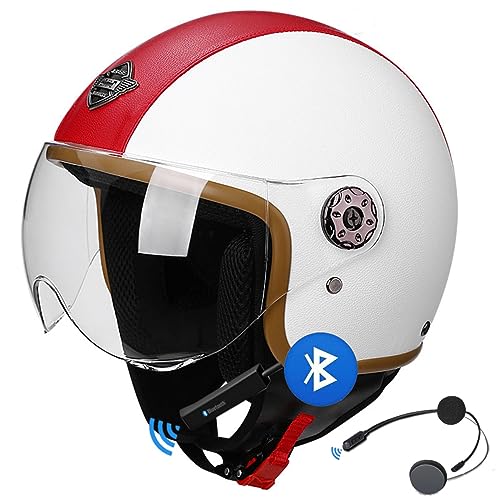 Built-in Bluetooth Motorcycle 3/4 Helmet, Leather Vintage Motorbike Open Face Half Helmet, DOT Approved Scooter Cruiser Jet Moped Electric Half Face Helmet Men Women Vespa Retro Helmet