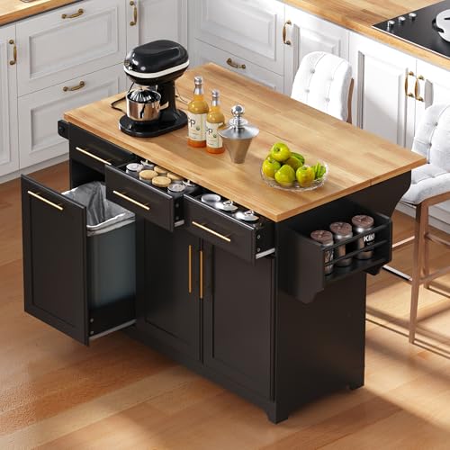 Merax 59.3" Kitchen Island with Storage, 2 Pull Out Cabinet Organizers & Rubber Wood Drop Leaf, Rolling Island Table with Trash Can Storage, Power Outlet, Spice & Towel Rack for Kitchen Dining, Black