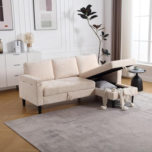 Sleeper Sectional Sofa with Storage Chaise, Side Table, L Shape Chenille Pull Out Sofa Bed, 3 Seater Convertible Couch for Living Room, Apartment, Small Space, Office, Dorm, Beige