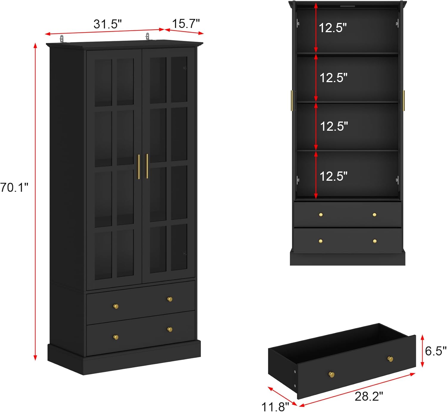ECACAD 4-Tier Tall Bookcase Storage Cabinet with Glass Doors, Drawers & Shelves, Wooden Bookshelf Display Cabinet for Living Room, Office, Black (31.5”L x 15.7”W x 70.1”H)