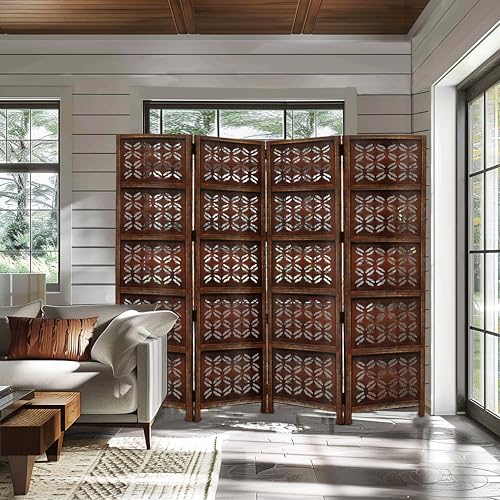 Room Divider Wood Screen - Ghanti Bells Antique Brown - 4 Panel Folding 72 x 80 - Assembled Hand Carved Decorative Functional Versatile Portable Partition Reversible Privacy Boho - COTTON CRAFT