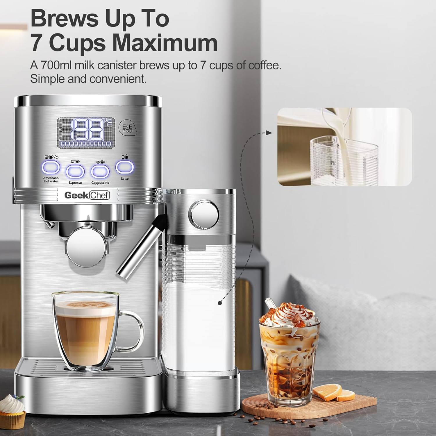 Geek Chef Espresso Machine with Built-In Automatic Milk Frother, 7-in-1 Cappuccino & Latte Machine for Home, 80s Get Americano Coffee, ESE POD Filter, 20 Bar, Stainless Steel