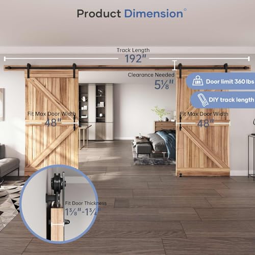 EaseLife 12 FT Double Sliding Barn Door Track and Handle Hardware Kit,Straight Pulley,Slide Smoothly Quietly,Easy Install (12FT Track Kit for 33"~36" Wide Double Door)