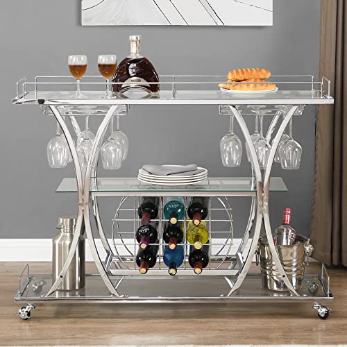 Silver Bar Cart, Rolling Liquor Serving Cart, 3-Tier Liquor Kitchen Tea Trolley with Wine Rack & Glass Holder Metal Frame,Mobile Bar Carts for The Home