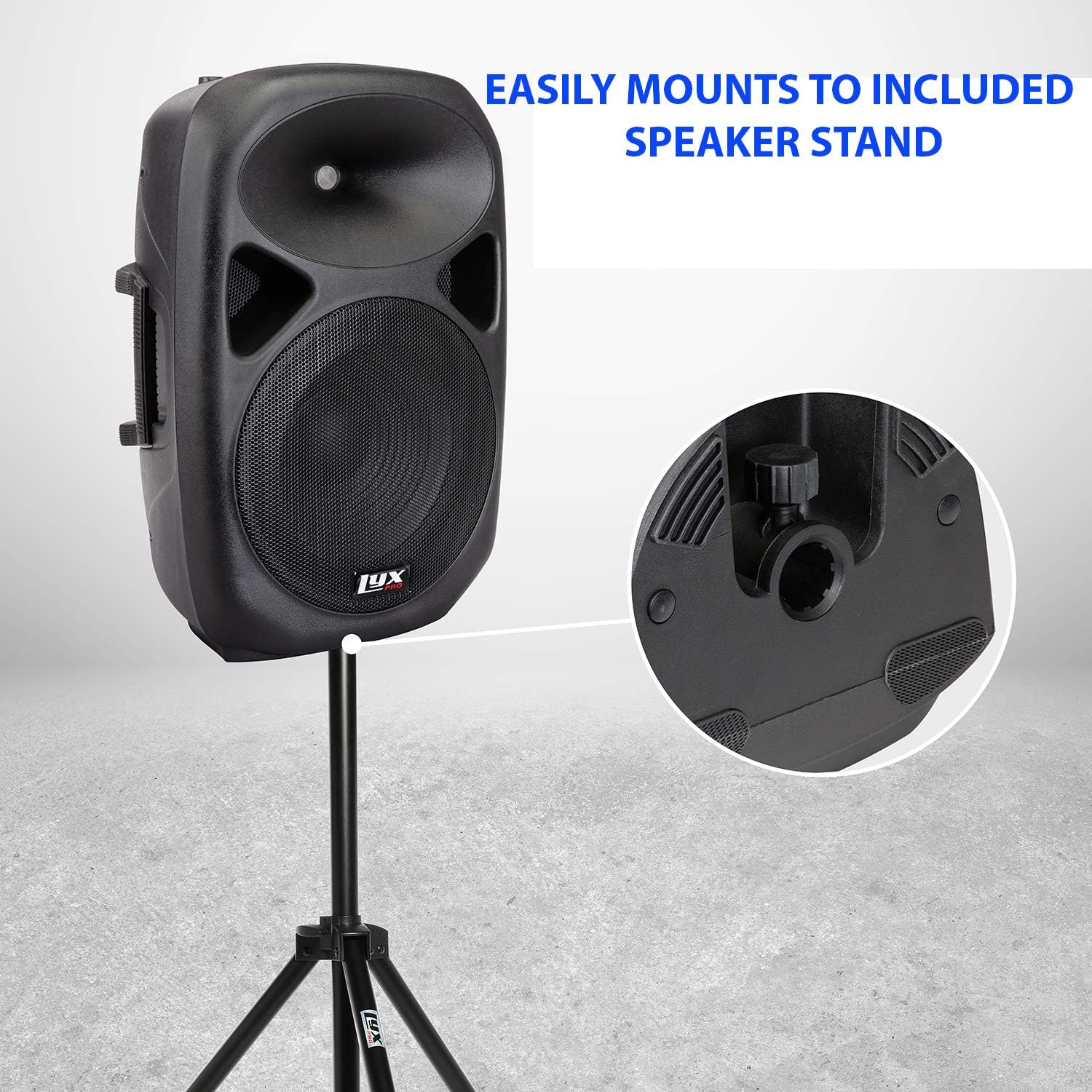 LyxPro SPA15 15 Portable PA Speaker System With Metal Tripod Stand Combo Kit Power Active Power Amplifier Equalizer Bluetooth SD Slot USB MP3 XLR 1/4 1/8 3.5mm Inputs Remote Control Carry Handles