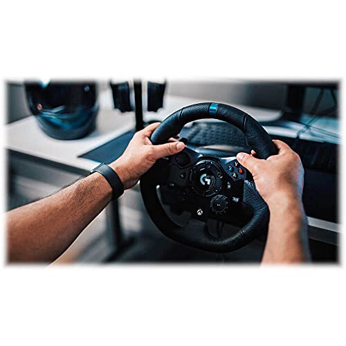 Logitech G923 Racing Wheel and Pedals, TRUEFORCE up to 1000 Hz Force Feedback, Gaming Steering Wheel PS5, PS4, PC, Mac, Genuine Leather- Black
