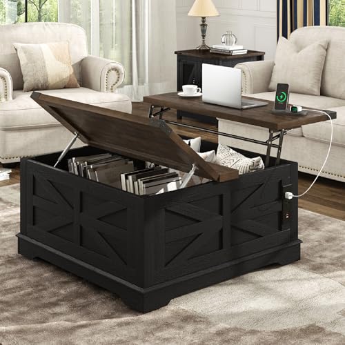 36" Farmhouse Movable Lift Top Coffee Table with Storage and Power Outlets, Square Wood Living Room Tables with Wheels&Large Hidden Space, Lift Wooden Barn Door Center Table, White