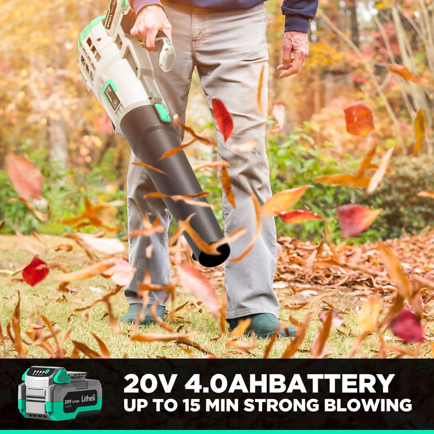 Litheli 20V Cordless Leaf Blower, Battery Leaf Blower for Cleaning Leaves, Dust, Snow on Lawn, Yard, Deck, with 4.0Ah Battery & Charger Included