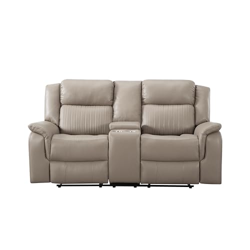 Sofa Chair, Reclining Sofa Couch with Pillow Top Armrest, 2 Built-in Aluminum Cup, Storage, Double Recliner RV Sofa & Console for Home Theater Living Room
