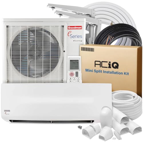 Goodman Mini Split Inverter Heat Pump E-Series | 230v, 18 SEER2, 0.75 to 1.50 Tons | 9,000 to 12,000 BTU Cooling and Heating | Ductless, Single Zone, Wall Mounted System, with ACiQ Installation Kits