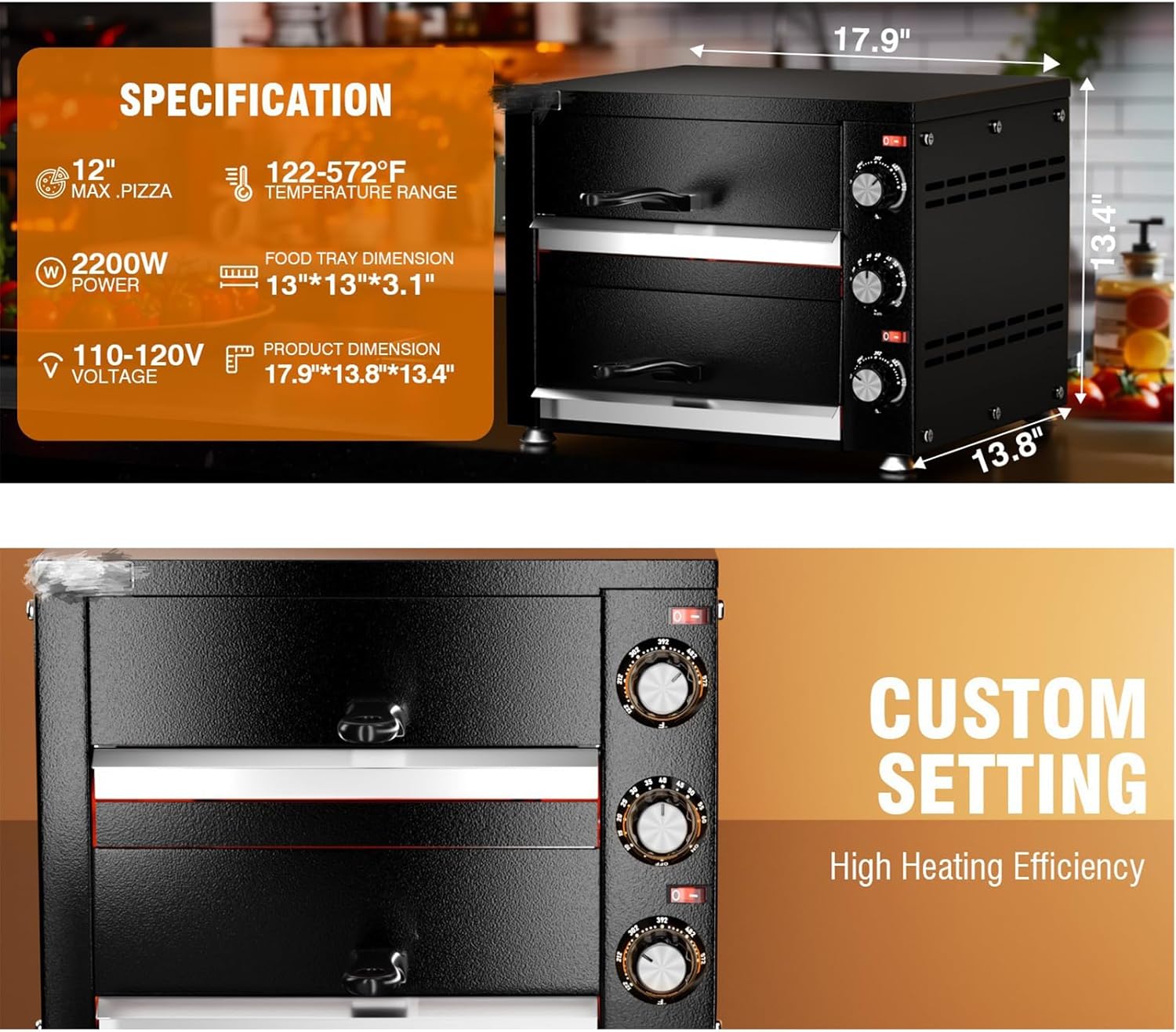 Electric Pizza Oven, Countertop Pizza Oven Electric Indoor Pizza Oven Commercial Stainless Steel 2-Layers Pizza Cooker with Timer for Home Restaurant