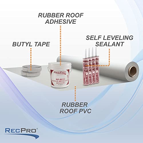 RecPro Extreme Duty RV Camper Rubber Roof Kit 9.5' Wide x 5 ft - 40 ft | 1 Gallon 8010 | 2 Tubes 1021 | 1 Roll of Butyl 30' | PVC Rubber Roof (5 ft) | Made in USA