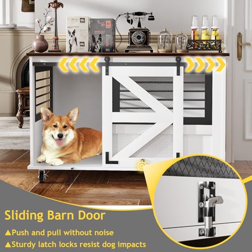 48'' Dog Crate Furniture with Removable Divider & Storage Drawers, Wooden Double Dog Cage TV Stand with 2 Sliding Barn Doors, Multi-Functional Dog Crate End Table for Indoor use (White)