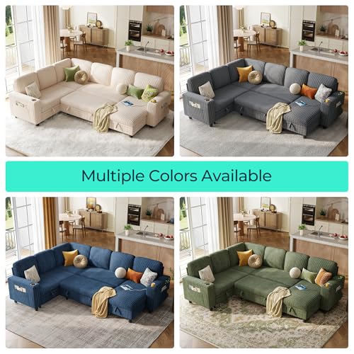 LINSY HOME Sectional Sleeper Sofa with Pull Out Couch Bed Convertible Plush Corduroy Cloud Couch with Storage Chaise & USB Charging, Comfy L Shaped Modular Couches for Living Room Apartment (Grey)