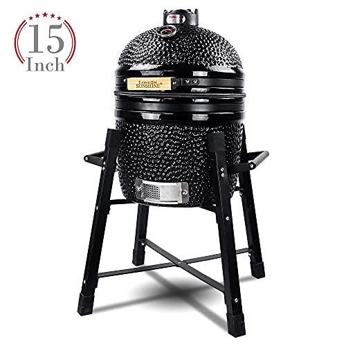 Ceramic Kamado Charcoal BBQ Grill and Smoker, Stainless Steel Grates -15" Ceramic with Tall Stand (BLACK)