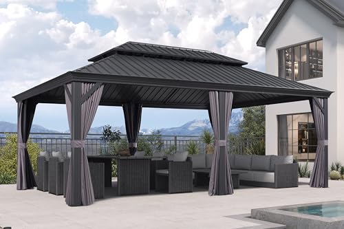 PURPLE LEAF 10' X 14' Permanent Hardtop Gazebo Aluminum Gazebo with Galvanized Steel Double Roof for Patio Lawn and Garden, Curtains and Netting Included, Grey