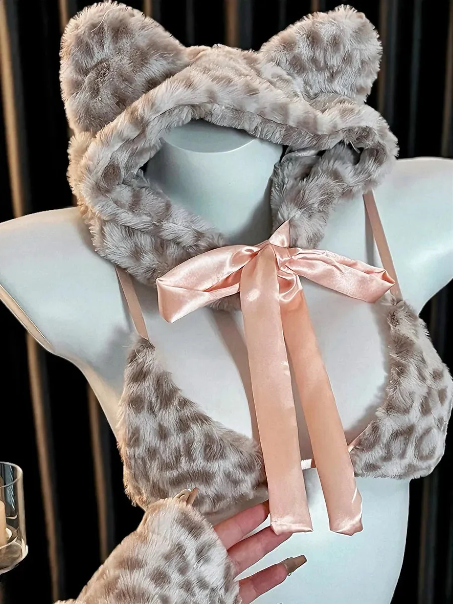 'Leopard Babe' Sexy Cute Valentine Fleeced Lingerie Set