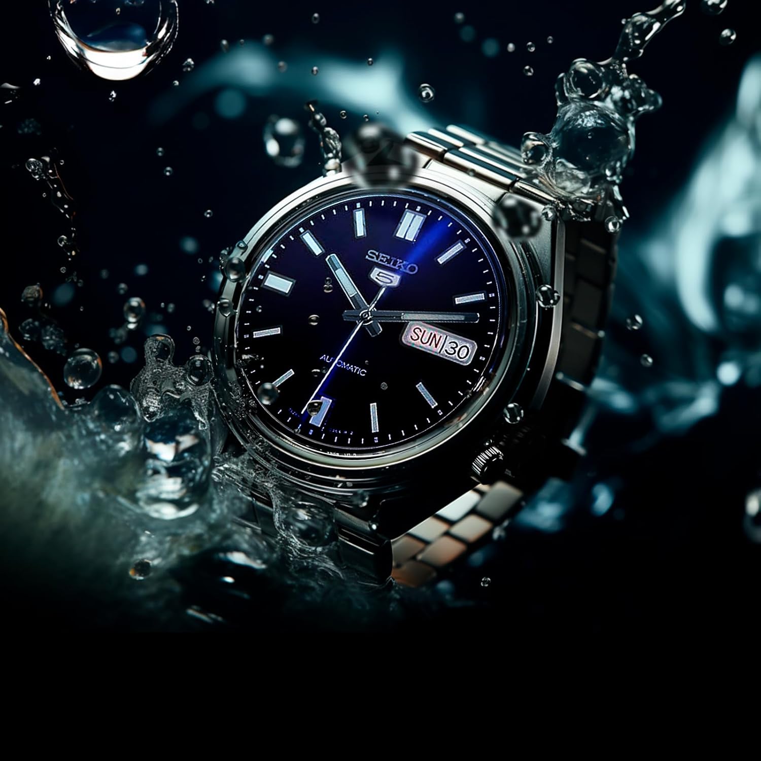SEIKO SNXS77 Automatic Watch for Men 5-7S Collection - Striking Blue Dial with Luminous Hands, Day/Date Calendar, Stainless Steel Case & Bracelet