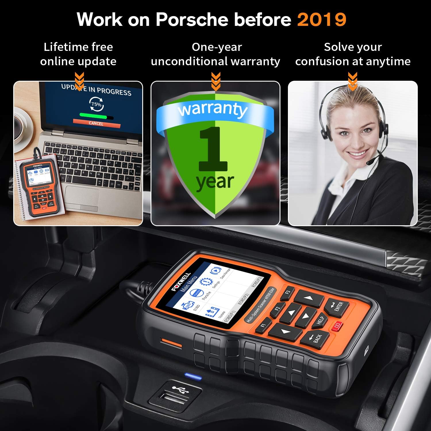 FOXWELL NT510 Elite All Systems OBD2 Scanner for Porsche, HVAC 4WD Bi-Directional Diagnostic Scanner with Oil Reset EPB SAS TPS TPMS Battery Registration Scan Tool