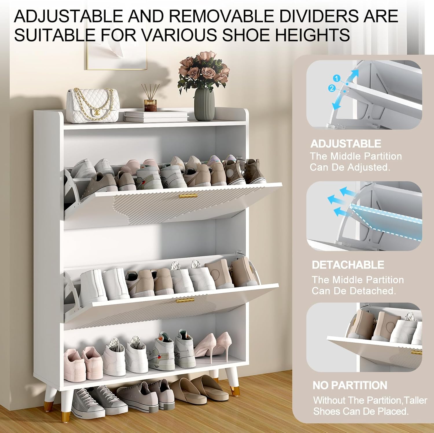 White Shoe Storage Cabinet for Entryway Slim, Hidden Wooden Shoe Organizer Cabinet with Drawer, Narrow Shoe Rack Cabinet for Front Door Entrance