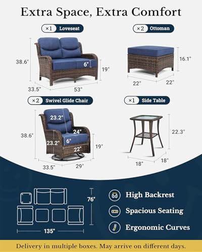 Luxury Patio Furniture Set with 6-inch Thick Cushion, Outdoor Couch and High Back Swivel Rocker Patio Chairs, 7PCS Wicker Conversation Set for Deck, Yard, and Poolside in Blue (V2)