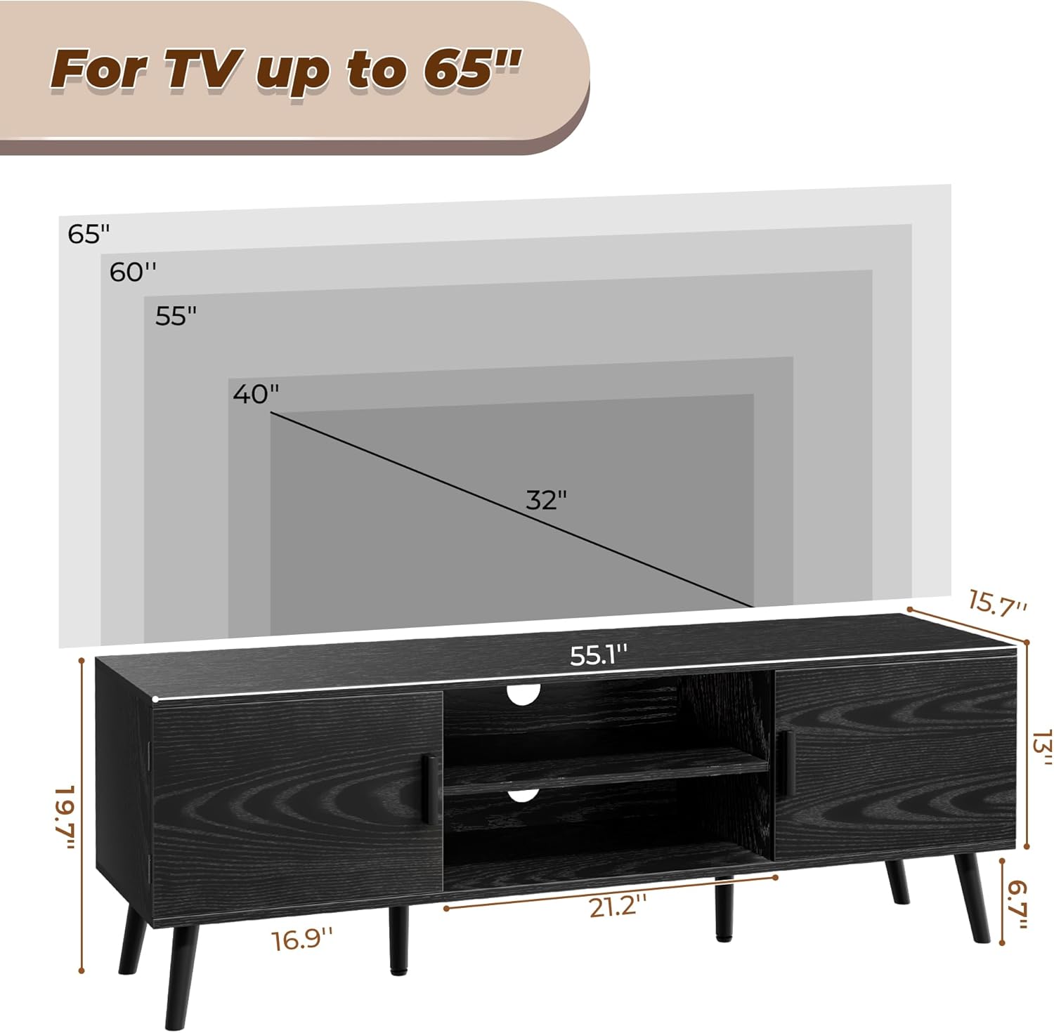 SUPERJARE TV Stand for 55 Inch TV, Entertainment Center with Adjustable Shelf, Huuger Night Stand with Charger Station, for Living Room, Bedroom, Black