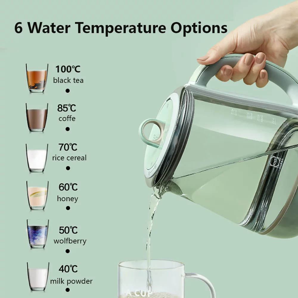 BUYDEEM Health Pot K2763 Lite, Glass Electric Kettle for Tea & Coffee, Water Boiler with Stew Pot, Temperature Control, Green, 1.5L