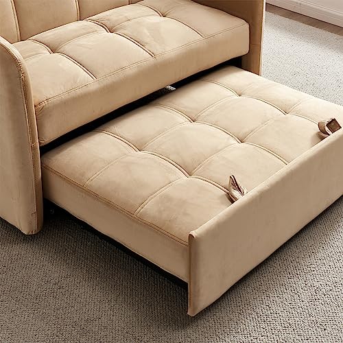 Convertible Sleeper Sofa Chair 3 in 1 Pull-Out Bed, Velvet Loveseat Twins SofaBed for Living Room, Bedroom, Balcony, RV, A-Khaki