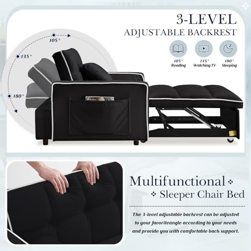 Sleeper Chair, 3 in 1 Convertible Chair Bed,Velvet Tufted Upholstered Single Pullout Sofa Chair Bed with Adjustable Backrest&Side Pockets,Recliner Lounger Bed for Living Room/Office/Small Space(Beige)