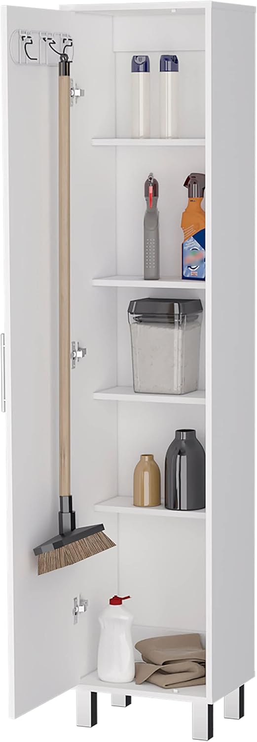 Lawen Tall Storage Cabinet, Single Door, 3 Broom Hangers,White -Kitchen
