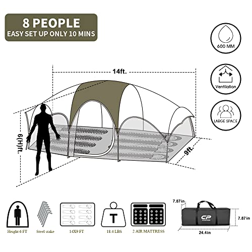 CAMPROS CP Tent 8 Person Camping Tents, Weather Resistant Family Tent, 5 Large Mesh Windows, Double Layer, Divided Curtain for Separated Room, Portable with Carry Bag