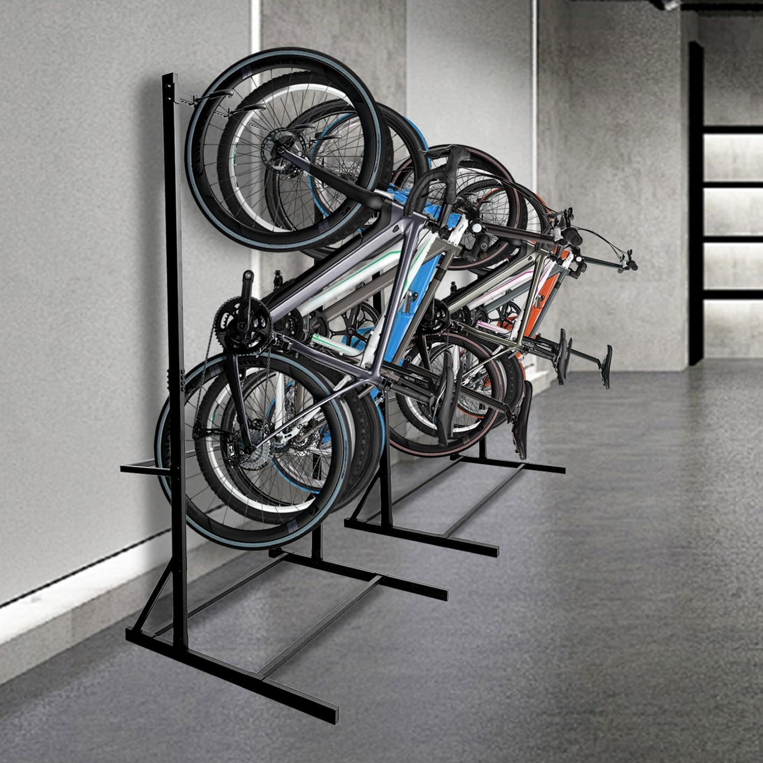 Freestanding Bike Rack Bicycle Storage Rack for Home and Garage Max 5 Bikes Solid Steel Indoor Floor Stand Organizer Sporting Gear Storage Station Sturdy Steel Vertical Bike Rack
