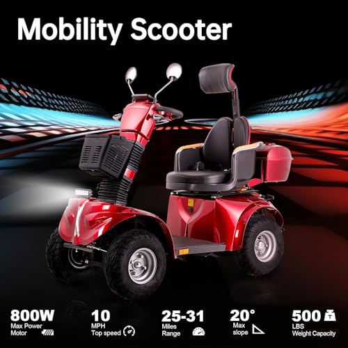 All Terrain Mobility Scooter,Heavy Duty Mobility Scooter for Seniors & Adults,500 lbs Capacity Heavy-Duty 4 Wheel Mobility Scooter Handicap Scooters for Adults (Red)