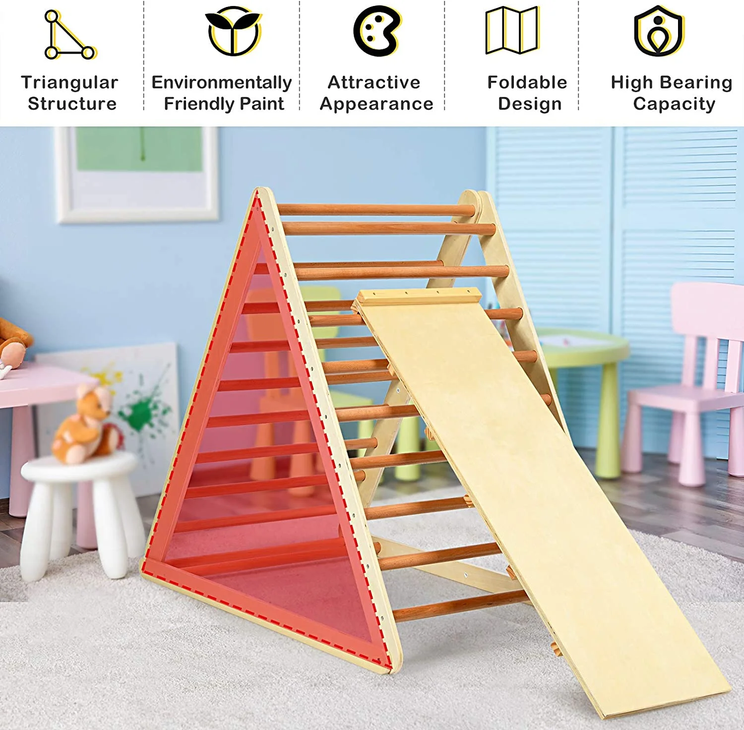 Triangle Climber with Tent, Kids Hideaway Play Tent & Rock Wall Climbing, Waterproof Tent Cover for Indoor Outdoor, Ring Bell, Wooden Climbing Triangle Crawling Tunnel Toy for Toddlers