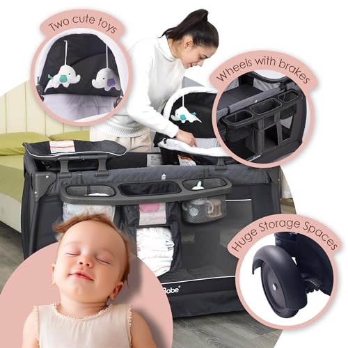 Pamo Babe Playard Deluxe Nursery Center, Foldable Playpen for Baby & Toddler, Bassinet, Mattress, Changing Table for Newborn (Grey)