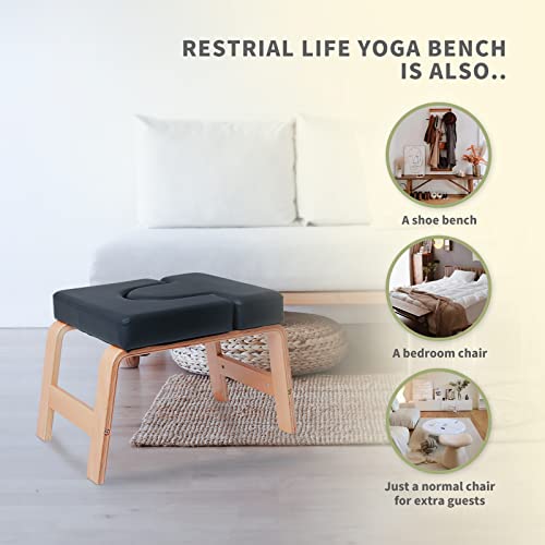 Restrial LifeRestrial Life Yoga Headstand Bench- Stand Yoga Chair for Family, Gym - Wood and PU Pads - Relieve Fatigue and Build Up Body (Black)