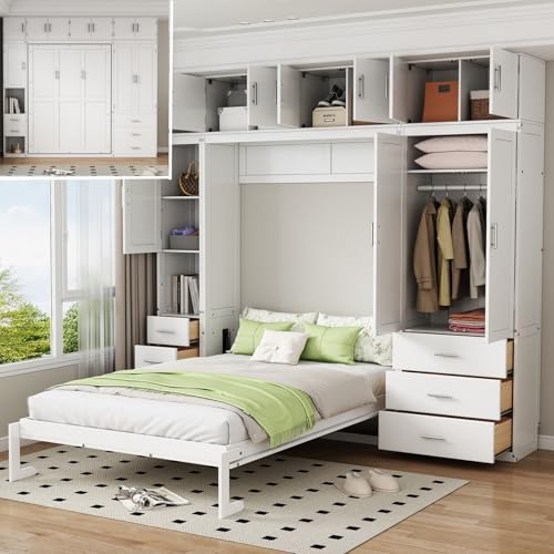 Merax Full Size Murphy Bed Cabinet with Lockers and Storage Wardrobes Shelves, Wood Foldable Hidden Wall Platform Bedframe Chest for Home, Bedroom, Office, Small Room, Apartment