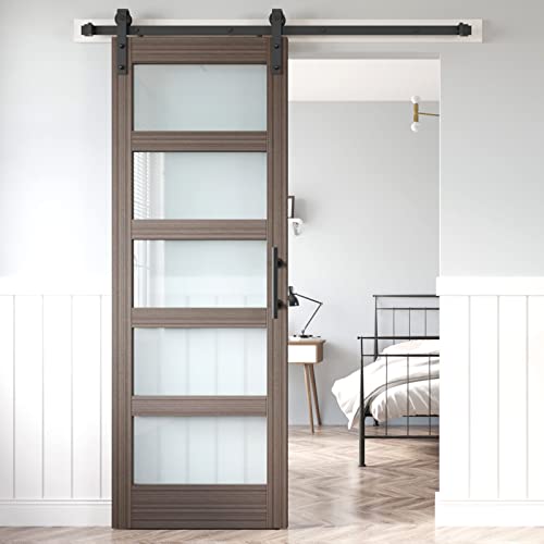 36x84 Inch Glass Sliding Barn Door Slab and 6.6ft Hardware Kit Included, 5 Frosted Glass, LVL Wood Panel Covered with White Water-Proof Scratch-Proof PVC Surface, Simple DIY Assembly