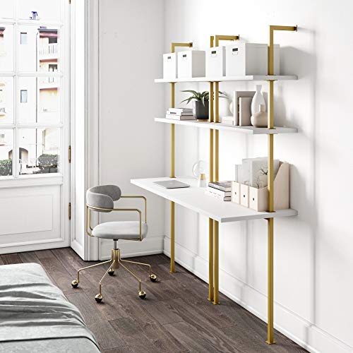 Nathan James Theo 2-Shelf Industrial Wall Mount Ladder Small Computer or Writing Desk, White/Gold Brass